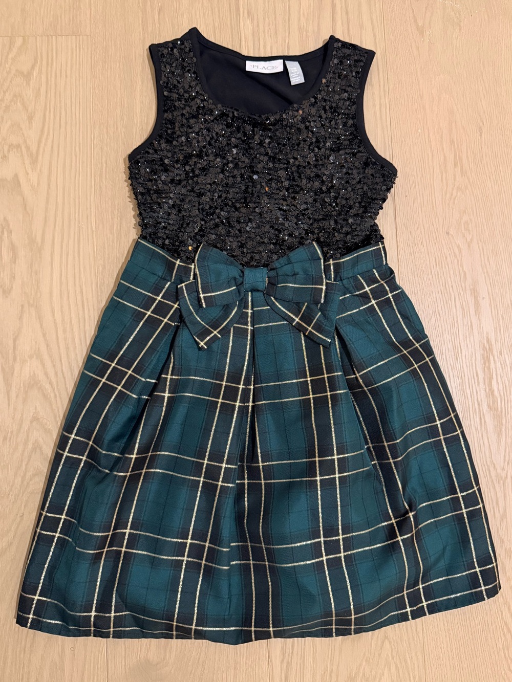Black Sequin Top Green Plaid Bow Holiday Dress